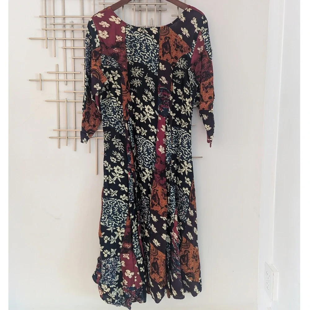 VTG 90's Fashion Force Patchwork Floral Midi Dress Long Sleeve‎ Womens Sz M Boho